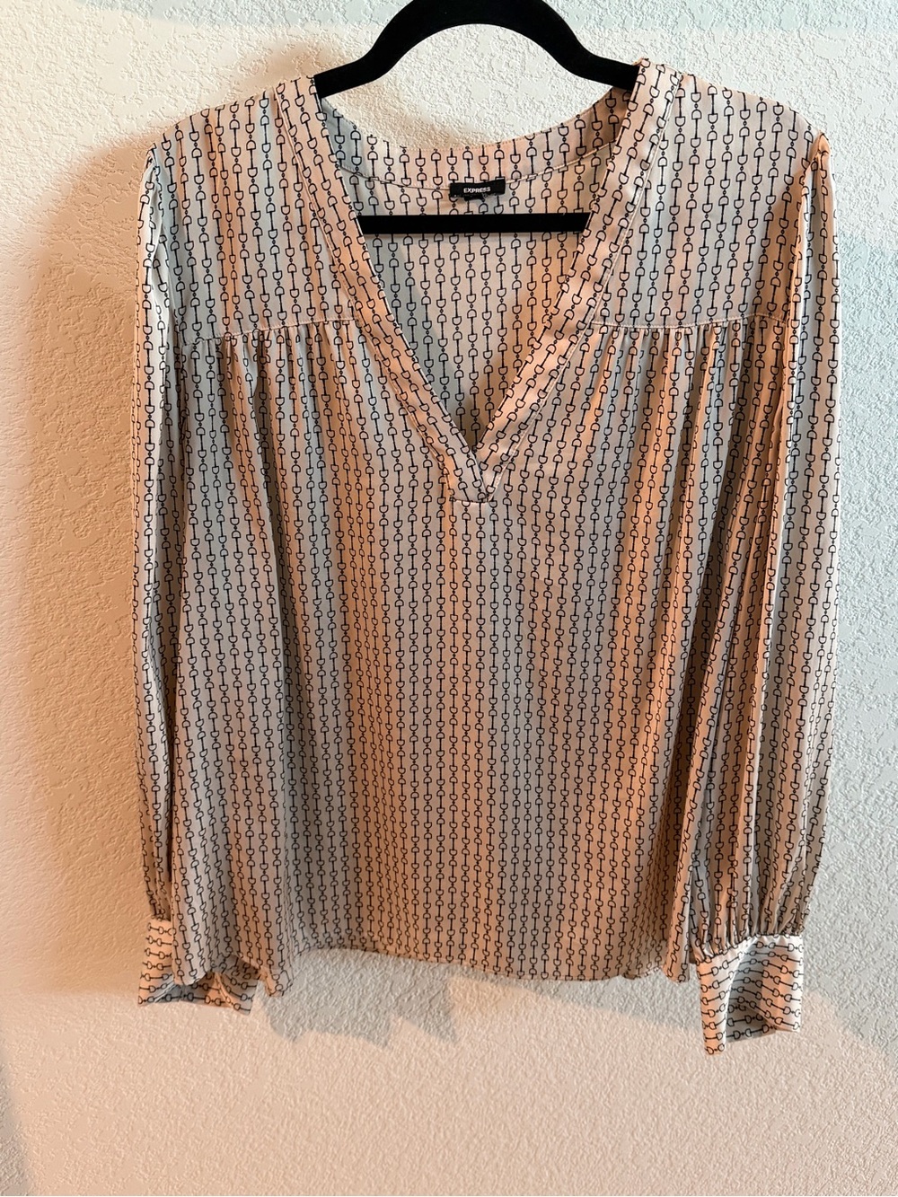 Express Cream and Black Geometric V-Neck Blouse